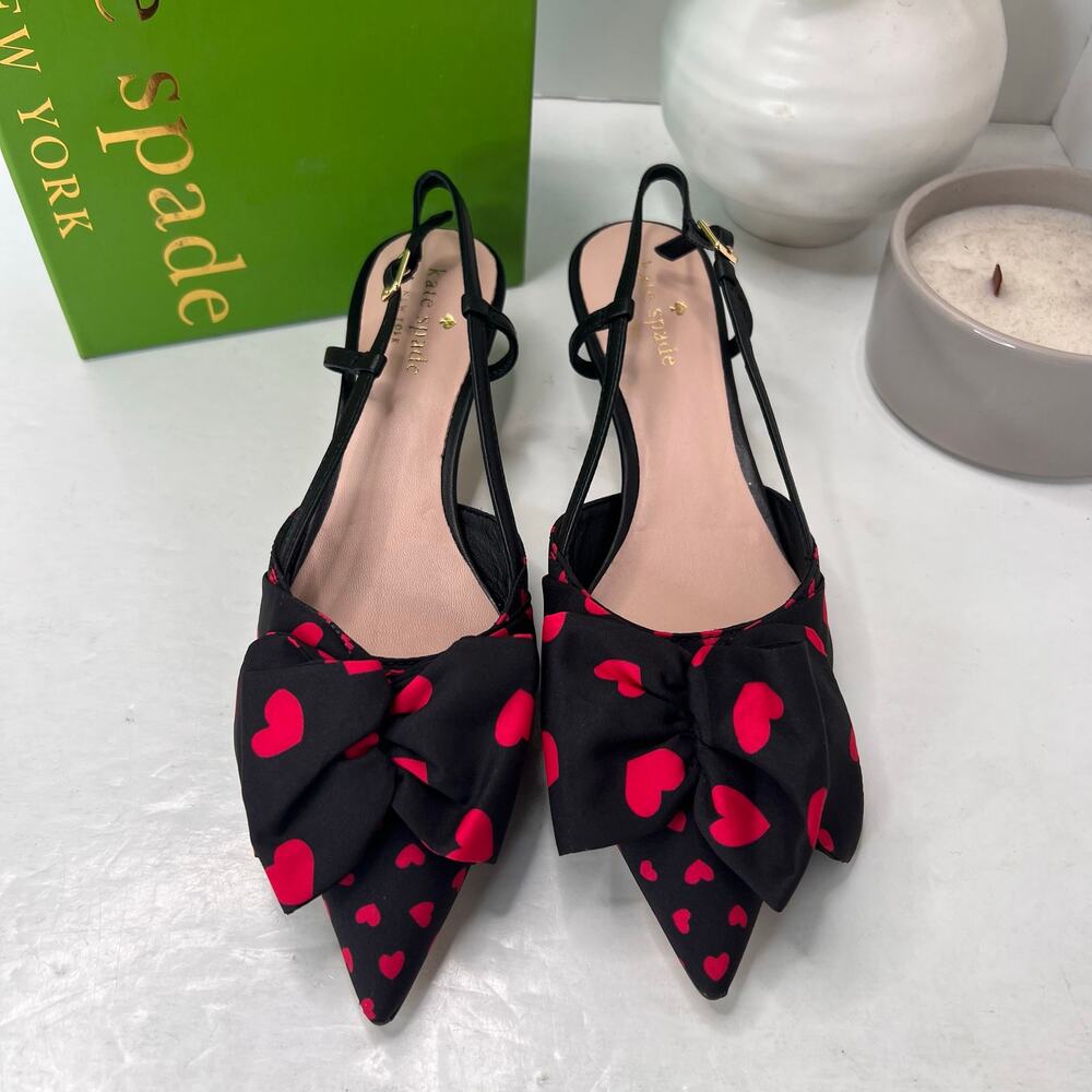Kate Spade Daxton Heart Kitten Heel Slingback Black/Red Women 7.5M NWB Valentine